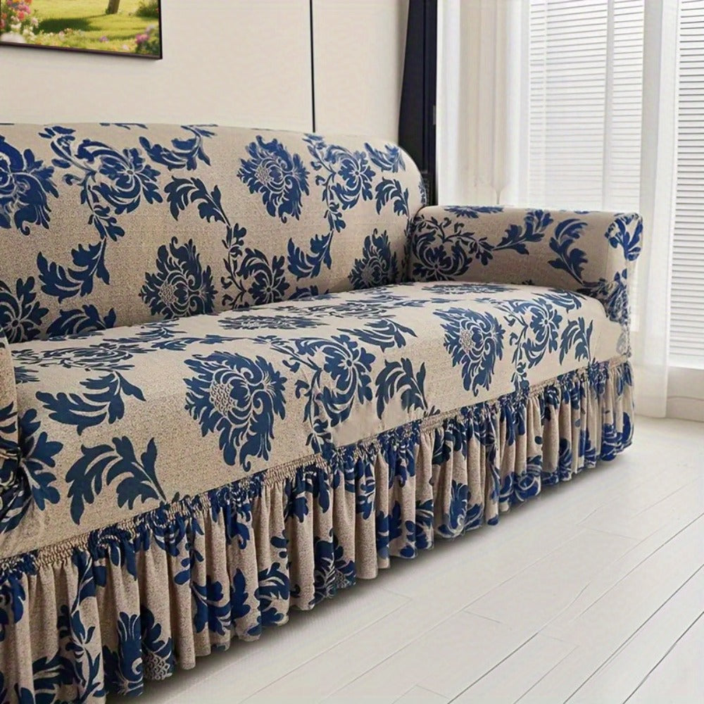 Stretch Sofa Cover Slipcover High-Stretch Fabric Ruffle Skirt Non-Slip Rod All-Season Snug Fit for 1 2 3 4 Seater Couch — Dark Blue with Pillow Cover