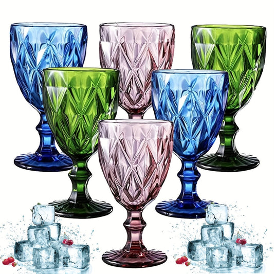 Diamond Pattern Colored Wine Glasses Set of 6, 10 oz Vintage-Style Stemmed Goblets