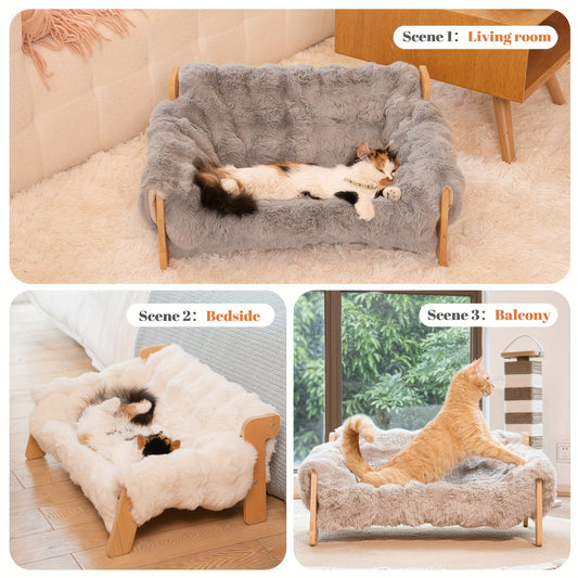 Raised Pet Couch Bed with Solid Wood Frame for Cats and Small Dogs, White or Gray