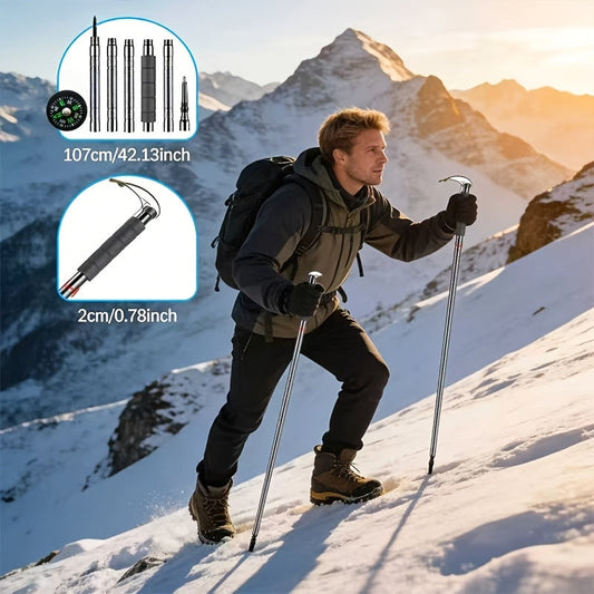 Adjustable Trekking Pole with Built-In Compass and Canvas Storage Bag, Black