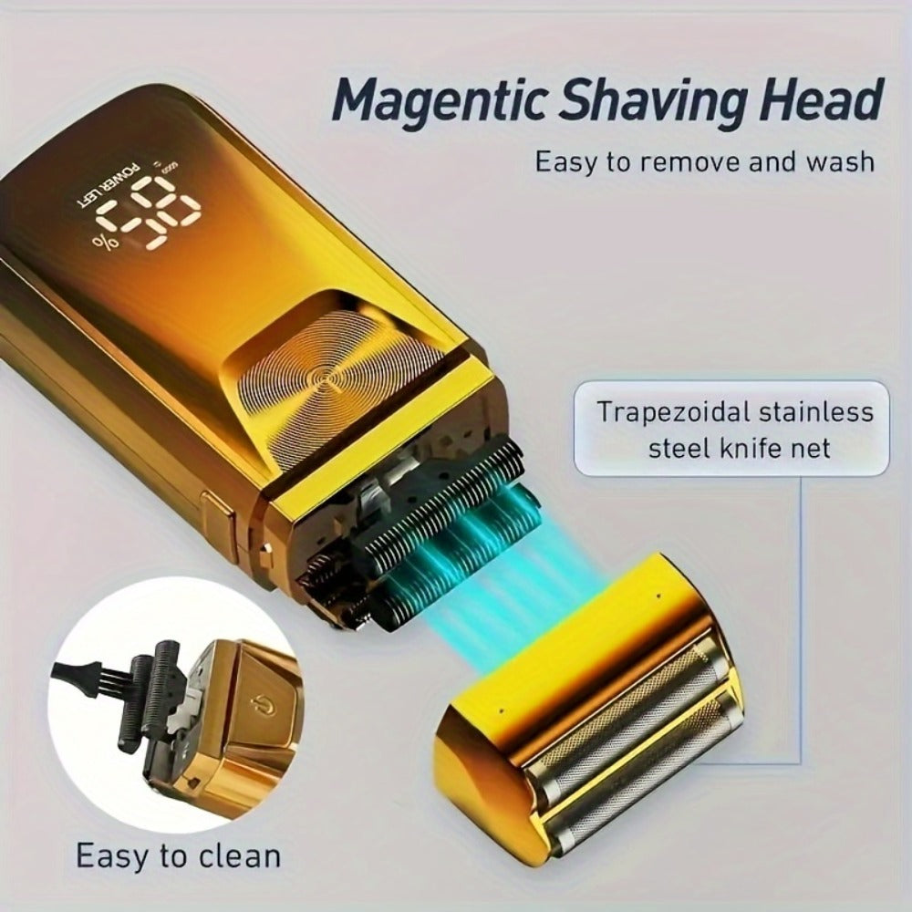 Bald Head Shaver & Beard Trimmer 2-in-1 Electric USB Rechargeable – Aluminum Foil Razor Professional Hair Clipper Grooming Tool for Men, Cordless Portable Silvery & Gold