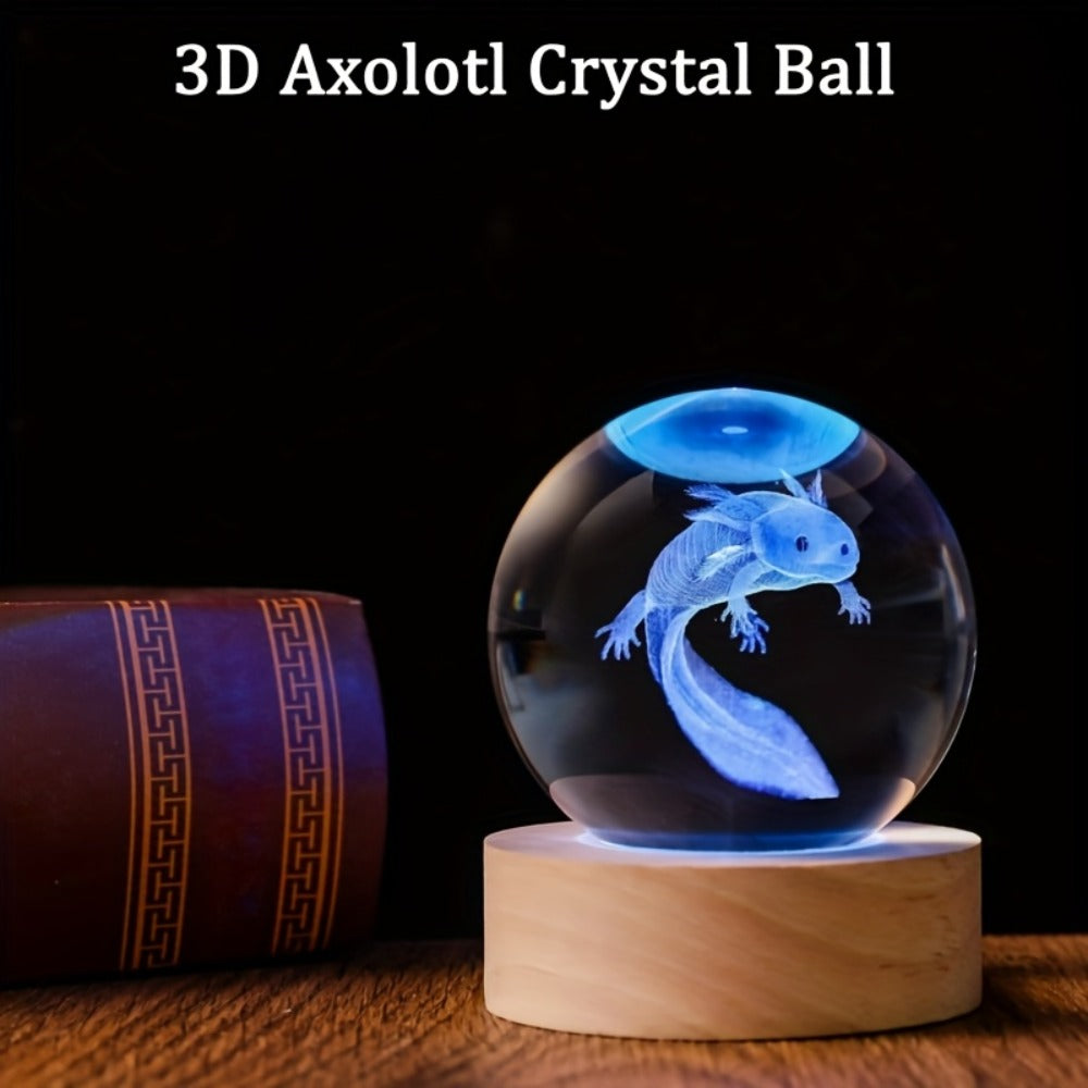 3D Axolotl Crystal Ball Night Light – USB Powered LED Colorful Gradient Glow Orb Atmosphere Lamp with Bamboo Base, Amphibian Figurine Desk Light for Home Decor, Bedroom, Kids Room & Unique Gift (2.36in)