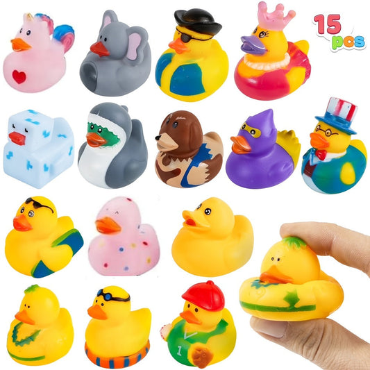 Mini Rubber Ducks, 15 Assorted 2-Inch Ducks with Mesh Bag for Party Favors