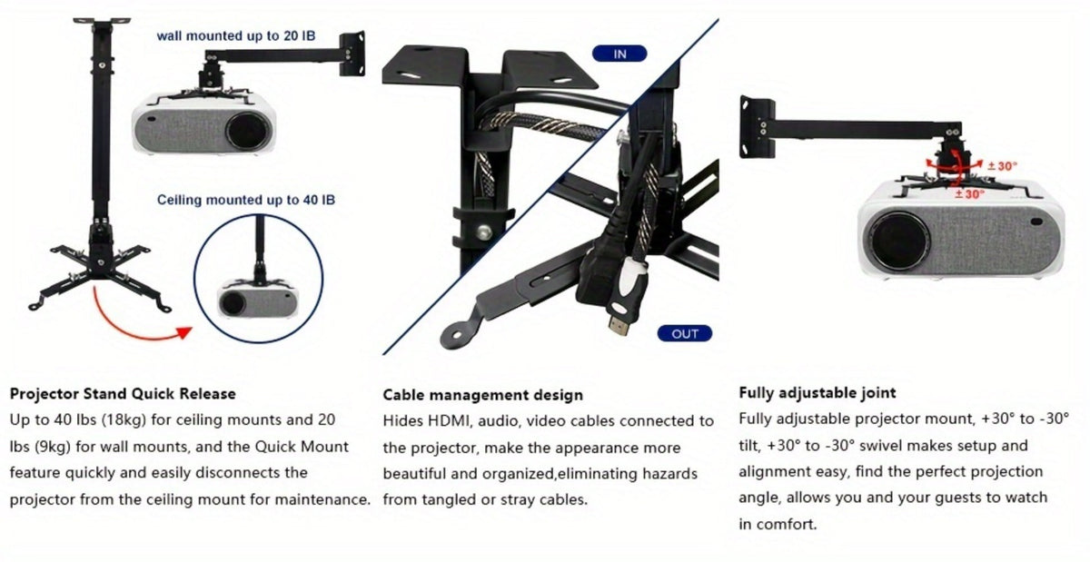 Ceiling Mounted Projector Bracket Adjustable Angle Height & Extendable Arm, 40LB Load Capacity, Universal LCD DLP Projector Mount Hanger for Home Theater Office Classroom