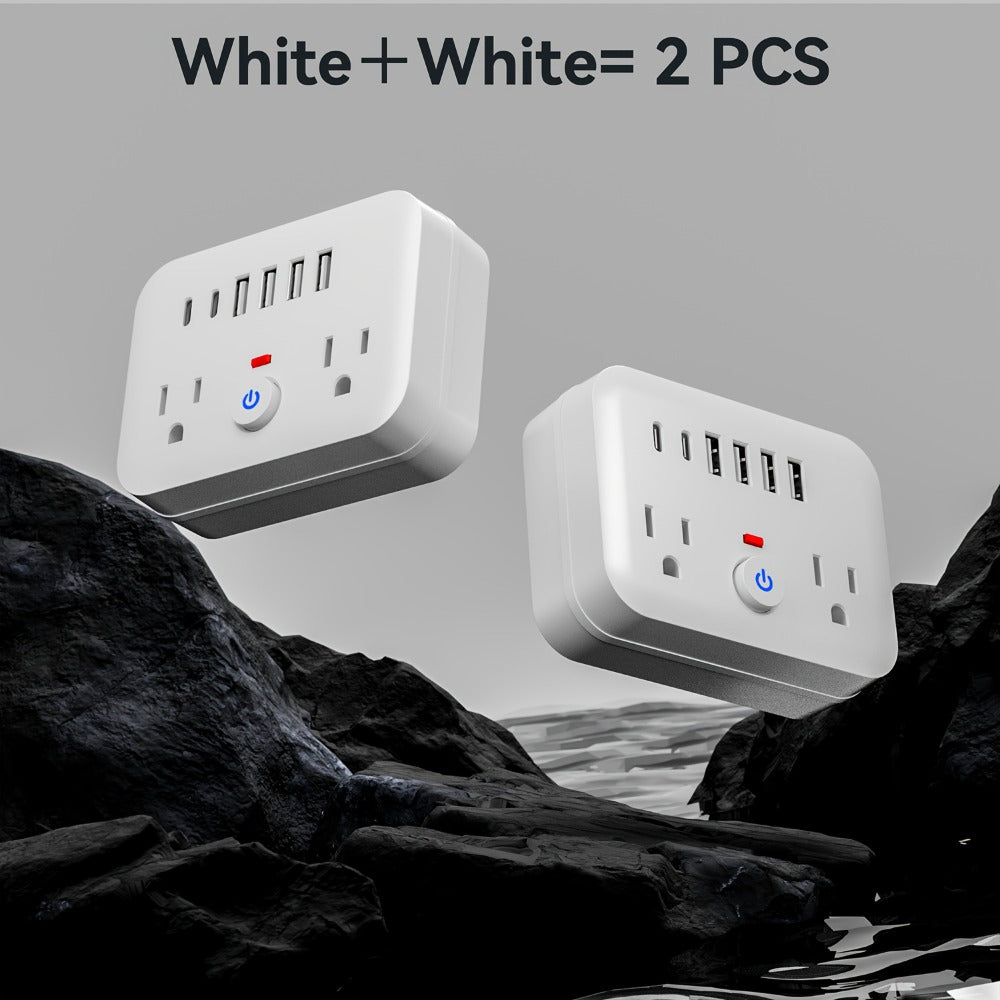 Compact Travel Surge Protector Power Strip 8-in-1 with 2 AC Outlets 4 USB-A Ports 2 USB-C Jacks Overload Protection Wall Mount Mini Portable Charging Station for Home Office Travel – Black or White