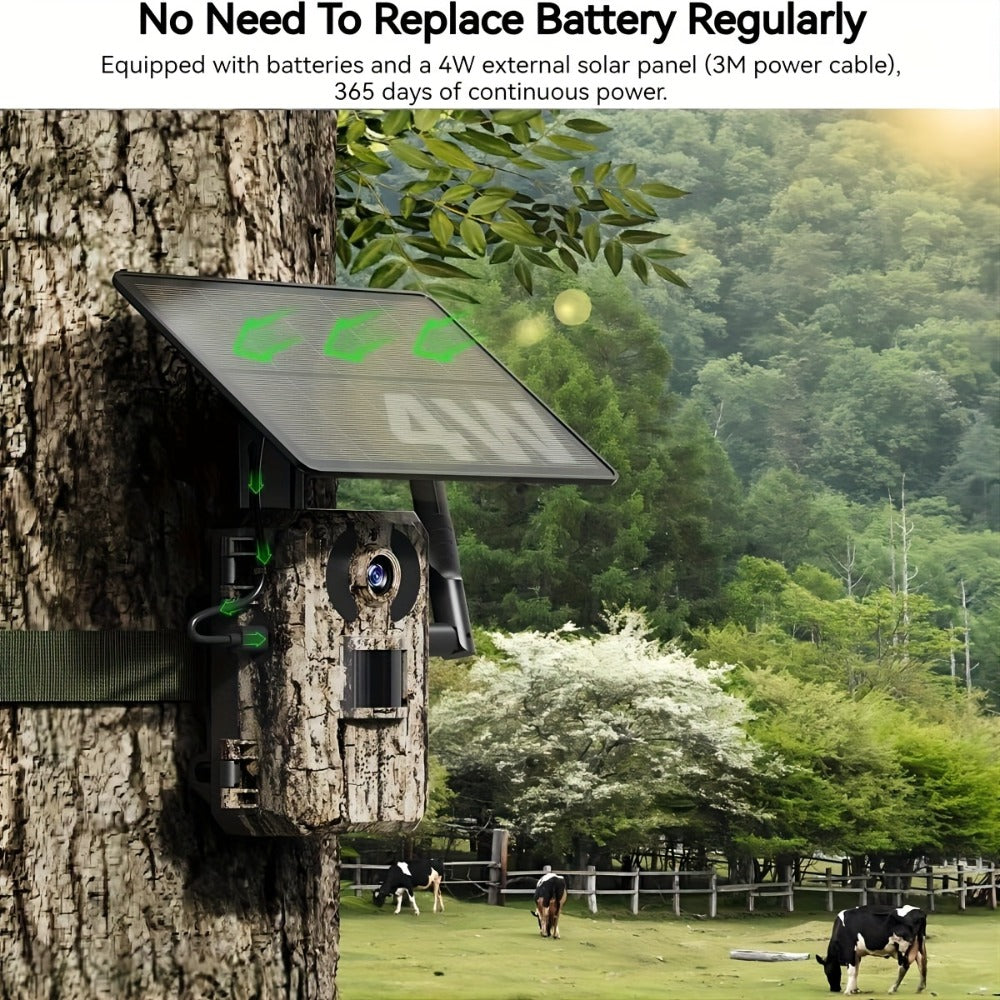 4G LTE Cellular Trail Camera Solar Powered with Night Vision & HD Live View – Built-in SIM Card, 0.2s Trigger Speed, IP65 Waterproof, No WiFi Needed, Hunting & Wildlife Camera