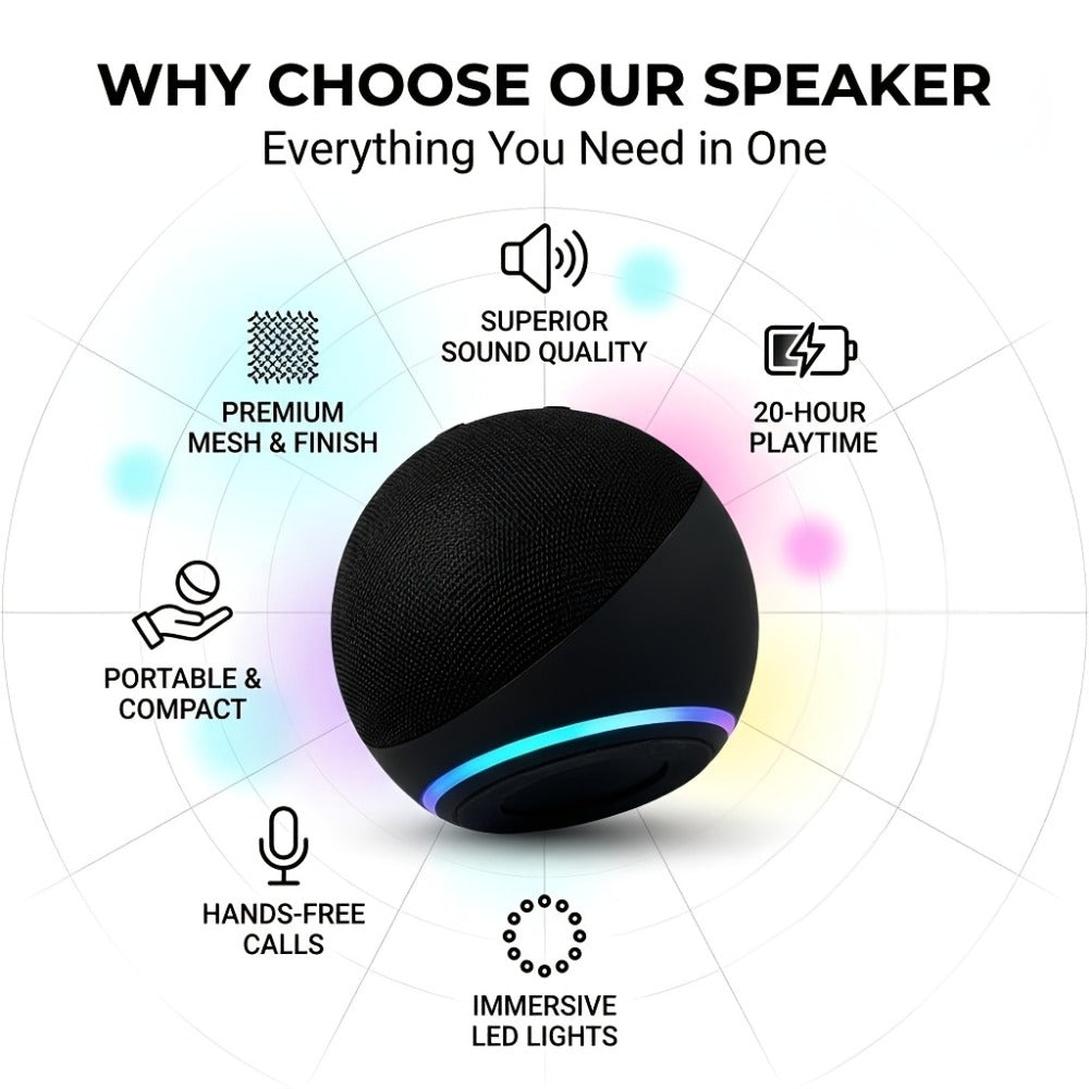 Spherical Bluetooth Speaker with RGB LED Light – Wireless Subwoofer, TWS Stereo Pairing, Portable Base, 360° Surround Sound, Globe Shape Wireless Speaker for Home, Desktop & Holiday Gifts