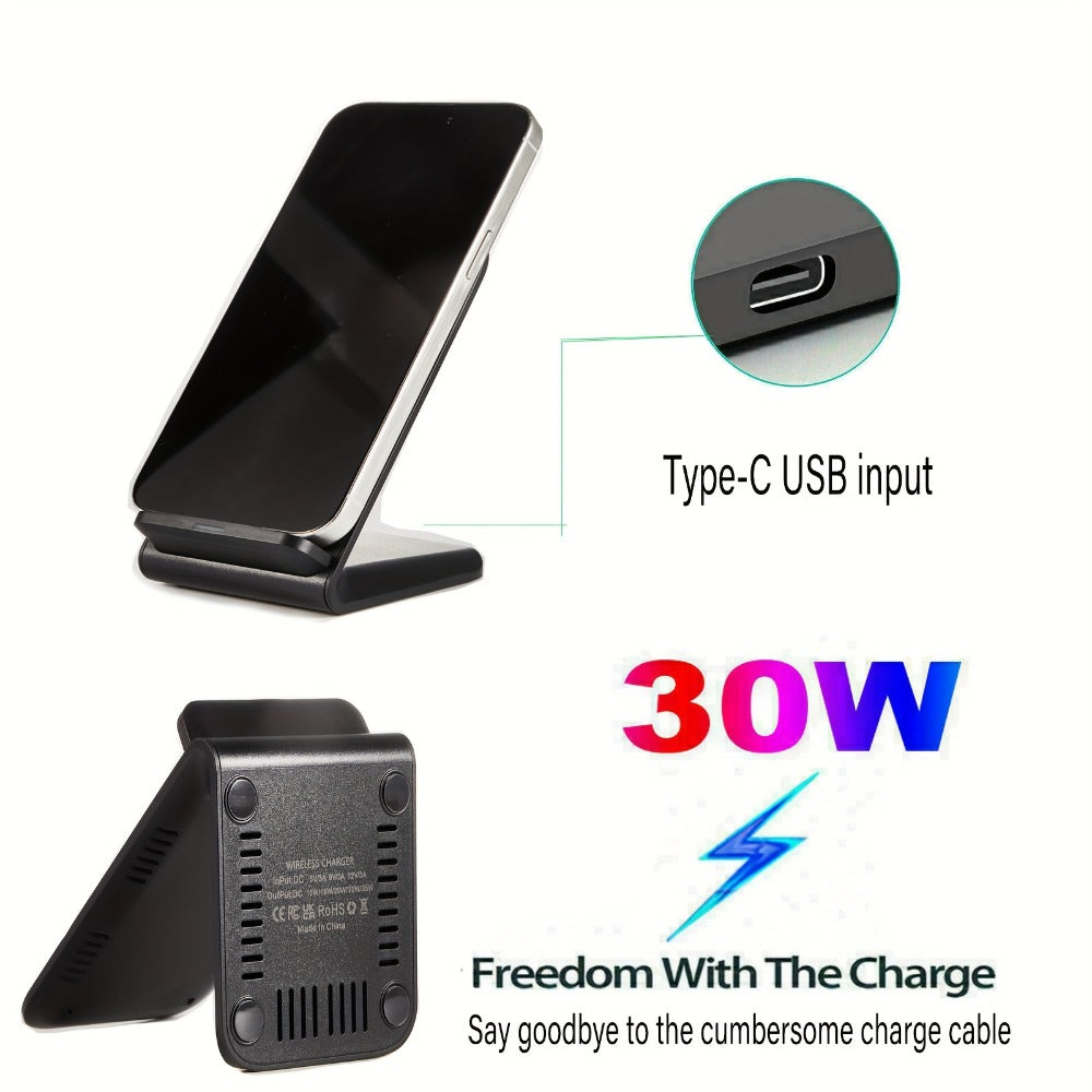 30W Ultra-Fast Wireless Charger Stand Dual Coil Smart Auto-Adjust 5W-30W for iPhone 17 16 15 14 13 12 11 Pro Max, Samsung Galaxy S24 S23 S22 S21 S20 S10, Google Pixel, Huawei, Xiaomi & All Qi Android – USB-C Black