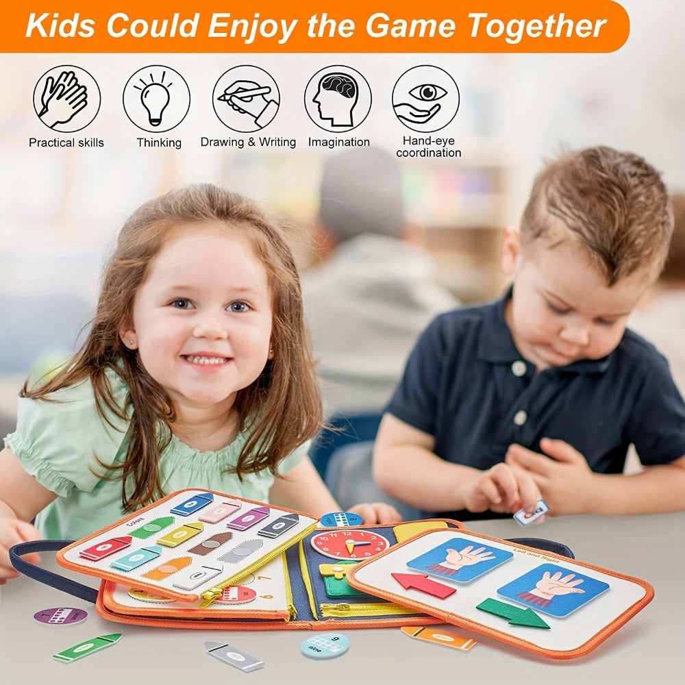 Montessori Busy Board for Toddlers Ages 1 2 3 4 – Sensory Activity Learning Toy with Zipper Buckle Button Lace Snap, Fine Motor Skills Development Educational Gift for Boys Girls, Compact Travel Toy