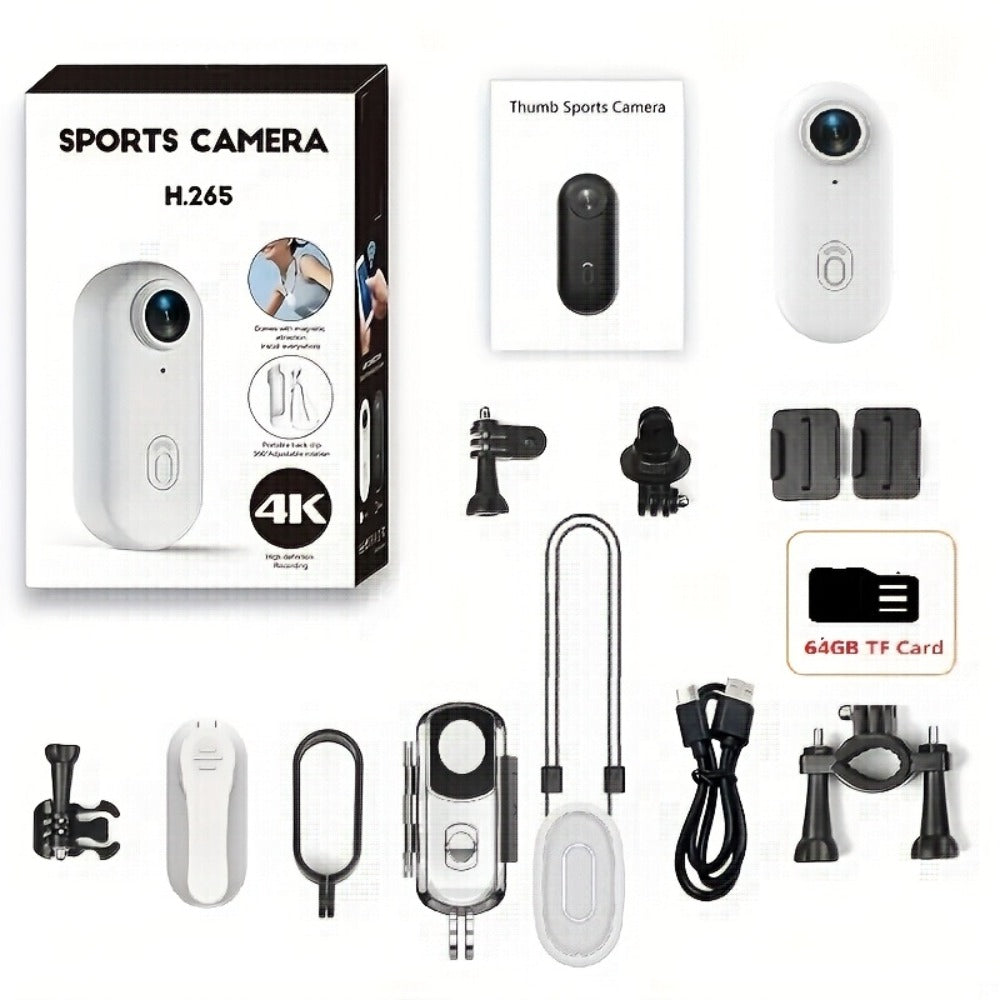 Thumb Action Camera 4K 1080P Mini Sports Camera, Auto Exposure, 800mAh Rechargeable Battery, TF Card Compatible, Compact Wearable Cam for Cycling Hiking Vlogging Outdoor Sports