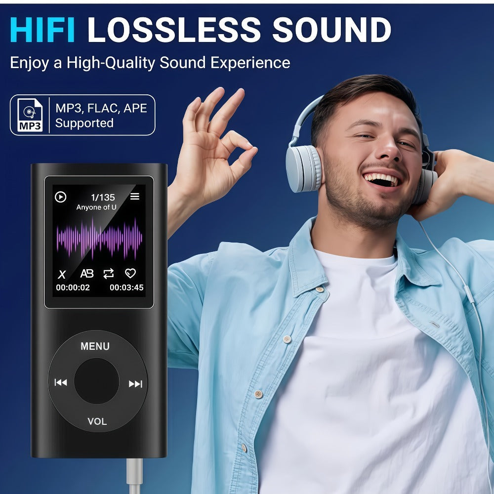 MP3 Player with 64GB Expandable Storage, 8-Hour Battery, Lossless FLAC HiFi Audio, Voice Recorder, E-Book Reader, Photo & Video Viewer, Aluminum Alloy Body, No Bluetooth, Wired Earphone Included