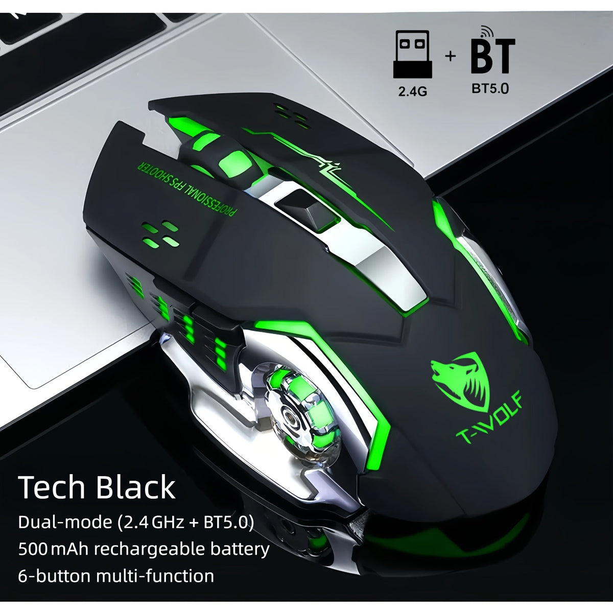 Bluetooth 5.0 2.4G Dual Mode Wireless RGB Gaming Mouse Silent 6 Button Ergonomic USB-C Rechargeable Breathing Light for PC Laptop Mac Tablet Office Gaming Tech Black Star Black White Gray