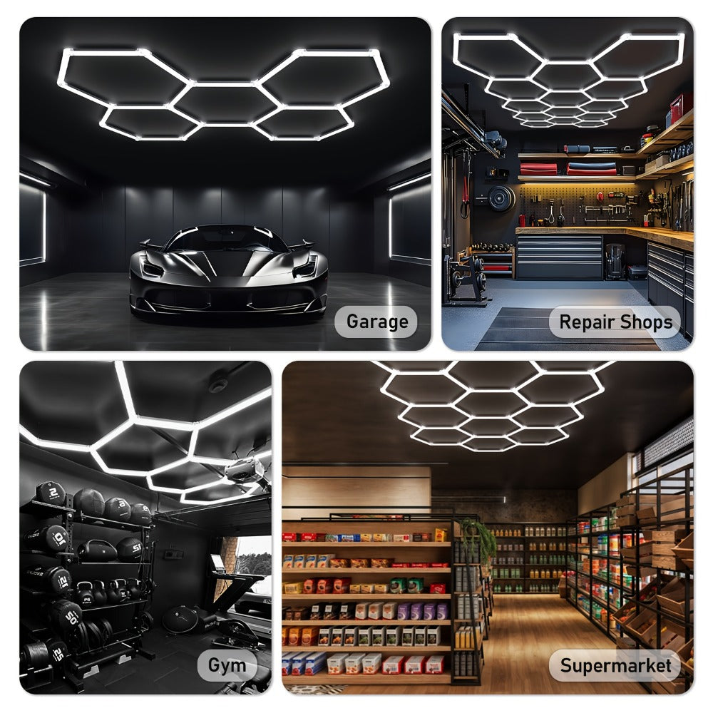 LED Hexagonal Garage Light 6500K – Super Bright Daylight White Shop Light 42W–620W for Auto Detailing, Warehouse, Workshop, Basement & Gym (1 to 32 Grids, Hex Frame Available)