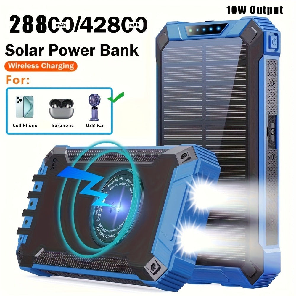 42800mAh Solar Power Bank Wireless Charging with 4 Built-In Cables – 6 Output Ports 15W Fast Charge Dual LED Flashlight Portable Battery Pack for iPhone Samsung Android Camping Travel Emergency