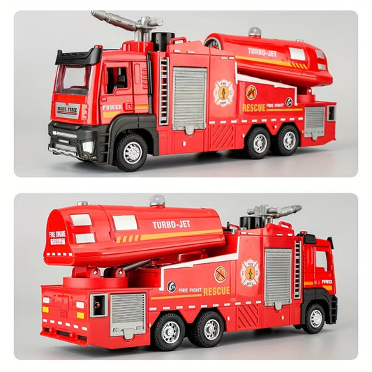 Die-Cast Fire Truck Toy with Water Mist Spray, Zinc Alloy Pull Back Fire Engine with Lights & Sounds