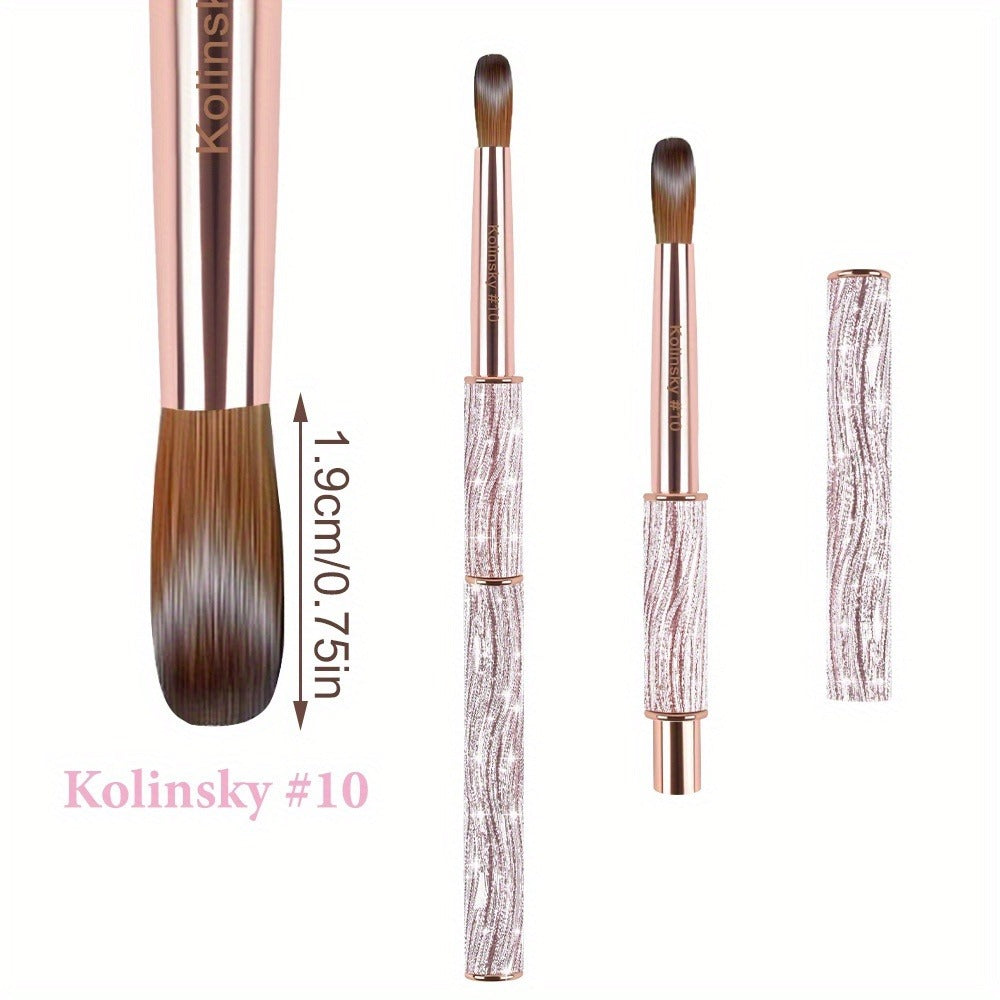 Kolinsky Nail Brush Pink Sparkling Metal Handle – Round Head Acrylic Nail Art Brush for Extensions & Manicure, Sizes #8 #10 #12 & 3-Piece Set, Genuine Kolinsky Hair Bristles for Salon & Home Professional Use