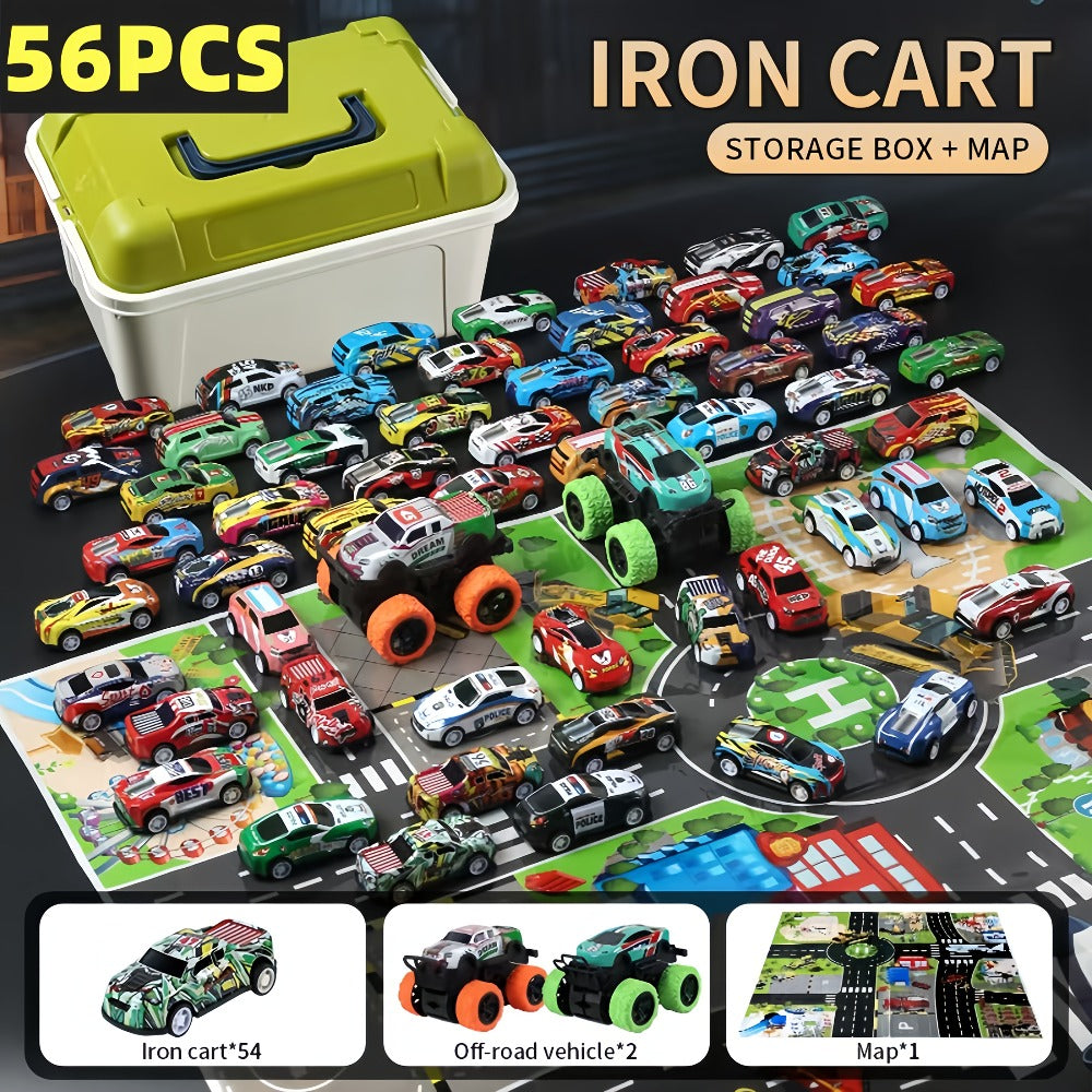 Mini Die-Cast Car Set with 54 Pull-Back Cars, 2 Stunt Cars & Play Mat