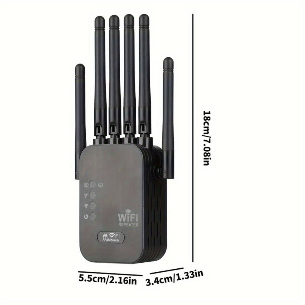 WiFi Extender 1300Mbps Dual Band AP & Relay Mode - 4 Powerful Antennas Full House Coverage, Ethernet Port, Eliminates Dead Zones, for Home Office Gaming Streaming, White Black