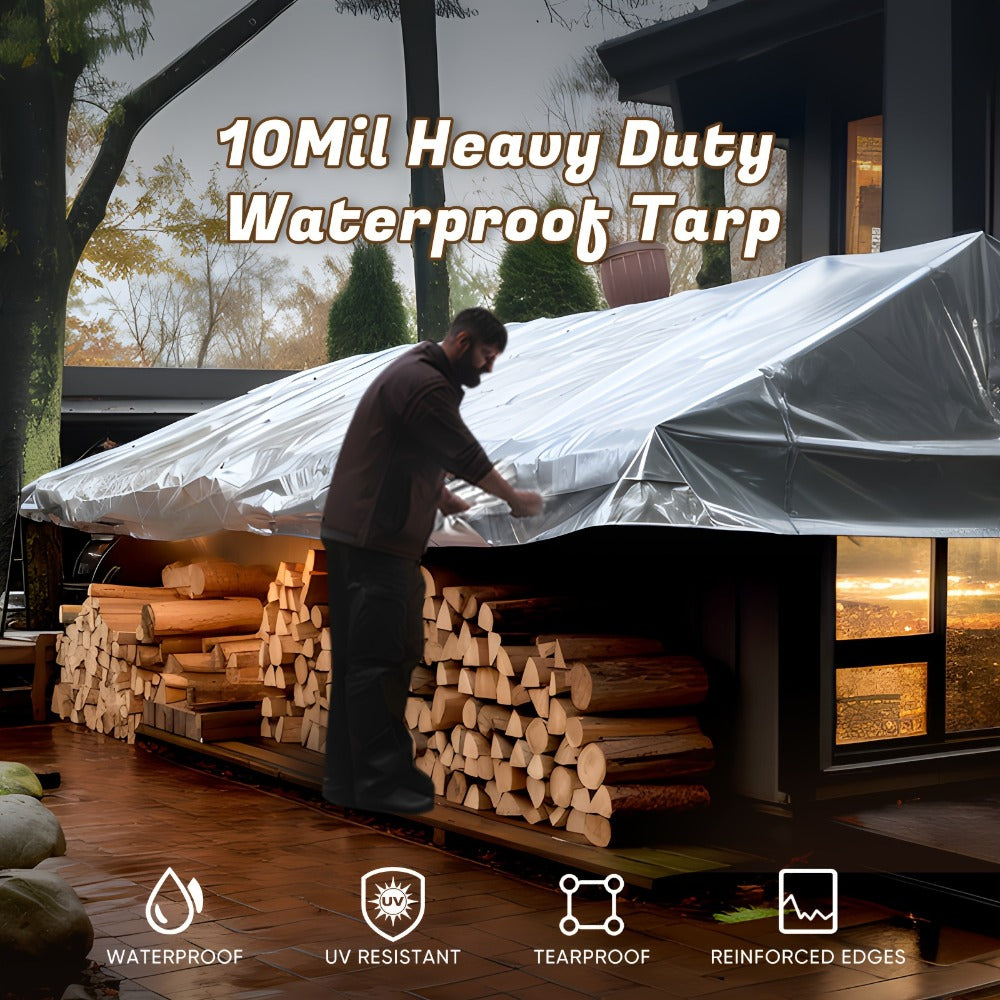 Heavy Duty Waterproof Tarp 2-Pack 10Mil 150GSM Black Silver – Tear-Proof Polyethylene Cover with Reinforced Grommets for Roof Pool Boat Car Camping & Outdoor