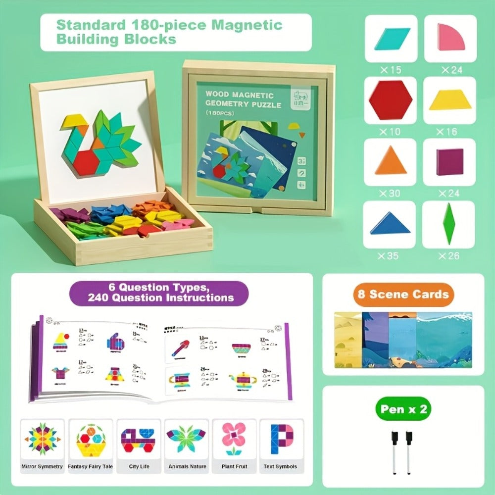 Magnetic Wooden Puzzle Board for Kids – 128/180/220/280 PCS Geometric Shape Recognition & Logical Thinking Toy, STEM Montessori Educational Gift for Boys & Girls Ages 3 4 5 6 7 8