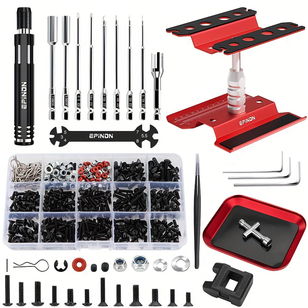EPINON RC Car Maintenance Stand Tool Kit, 360° Rotating Work Stand with 520 Pc Screw Set
