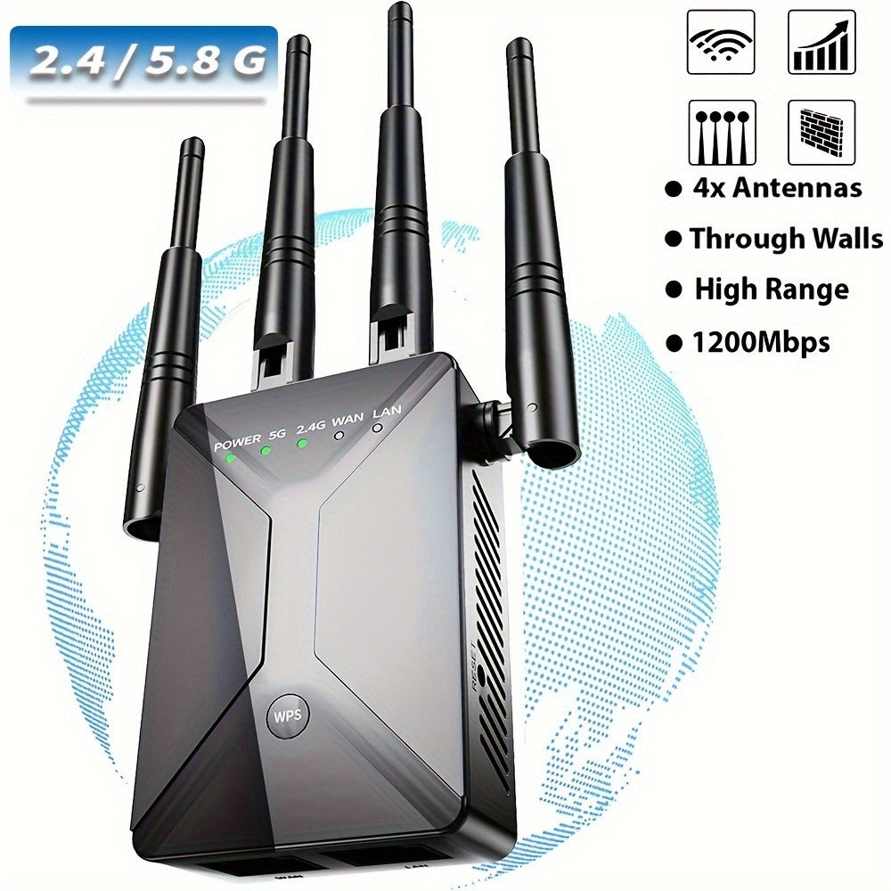 Ethernet Port WiFi Booster 1200Mbps Dual Band 5GHz & 2.4GHz, Up to 89% Faster WiFi Extender, 2026 Latest Upgraded Internet Signal Repeater for Gaming Smart TV Remote Work Large Home, Black