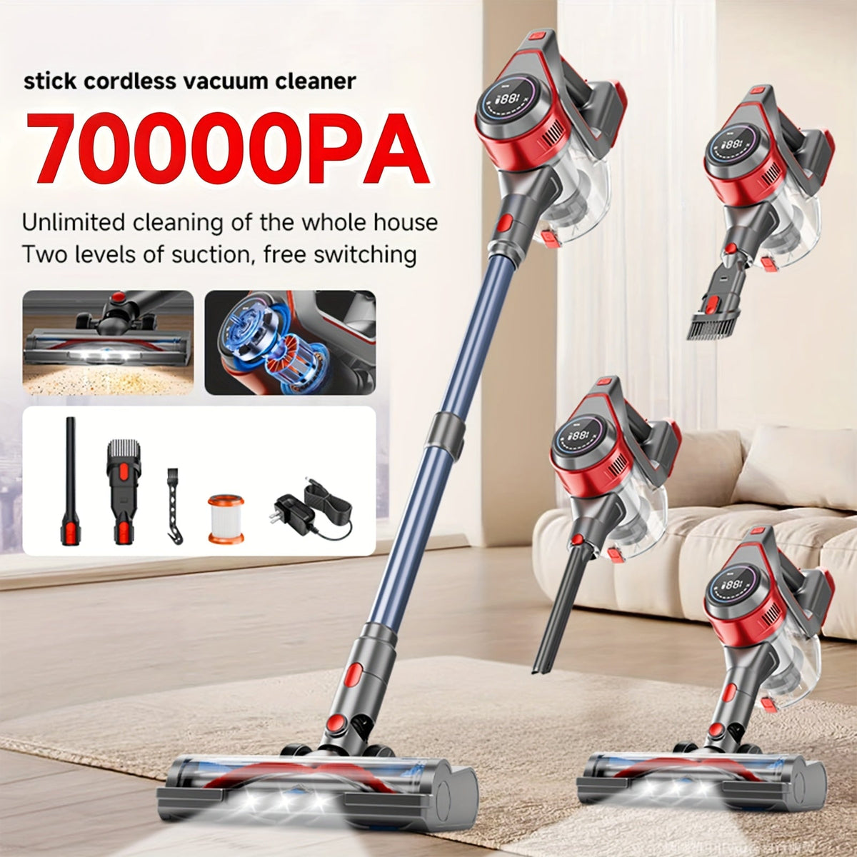 Stick Vacuum Cleaner 70Kpa MAX Suction Cordless & Corded 8-in-1 Handheld Vacuum for Hard Floors, Carpets & Pet Hair - Lightweight with Detachable Battery, LED Display, Up to 45 Min Runtime, Multiple Colors