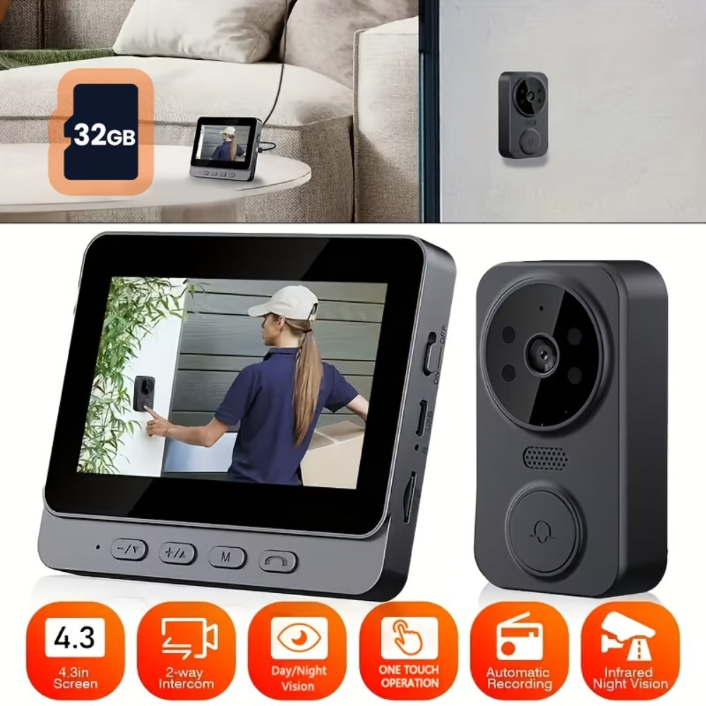 Wireless Video Doorbell Camera No WiFi No App Required 4.3-inch IPS Monitor 960P Night Vision Two-Way Audio Long Battery Life SD Card Storage No Subscription Wall-Mounted Home Security