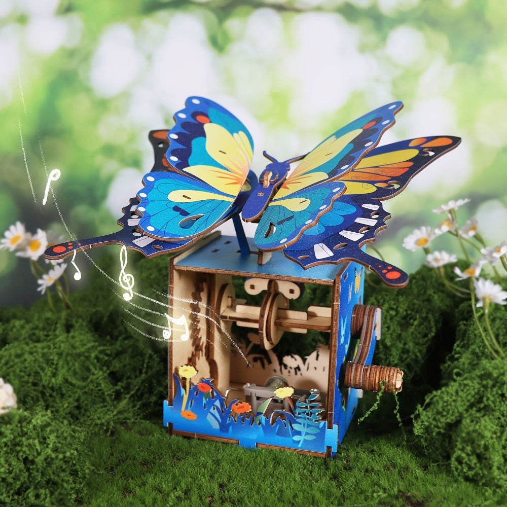 Wooden Butterfly Model Kit, Choose Color Display or Music Box Style
