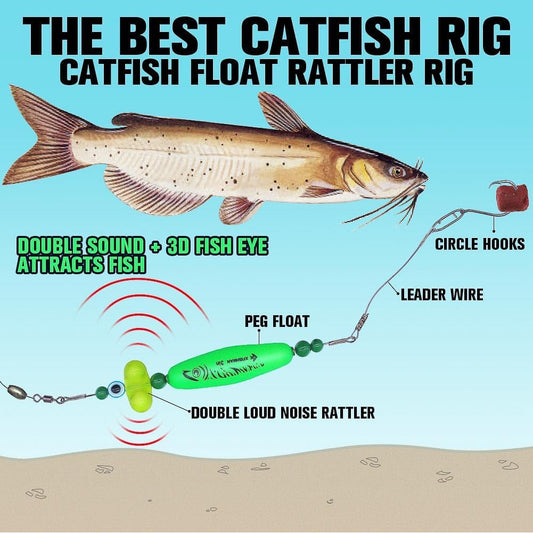 Catfish Rig, Santee Cooper-Style Rattler Float with Circle Hooks, 4-Piece Set, Green
