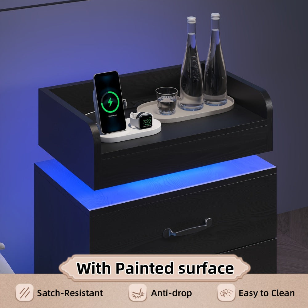 Bedside Table with Charging Station & LED Lights – Modern Wooden Nightstand with Drawer & Open Shelf | Black or White | 1pc or 2pcs Set | Bedroom Living Room End Table | Housewarming Gift