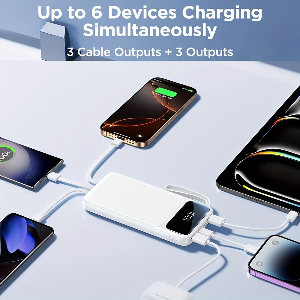 Ultra-Thin 20000mAh Power Bank with Built-In Cable – 20W Fast Charging USB-C Battery Pack, Slim Portable Charger for All Mobile Phones Tablets iPhone 17 16 15 Android Samsung, Travel Spare Battery
