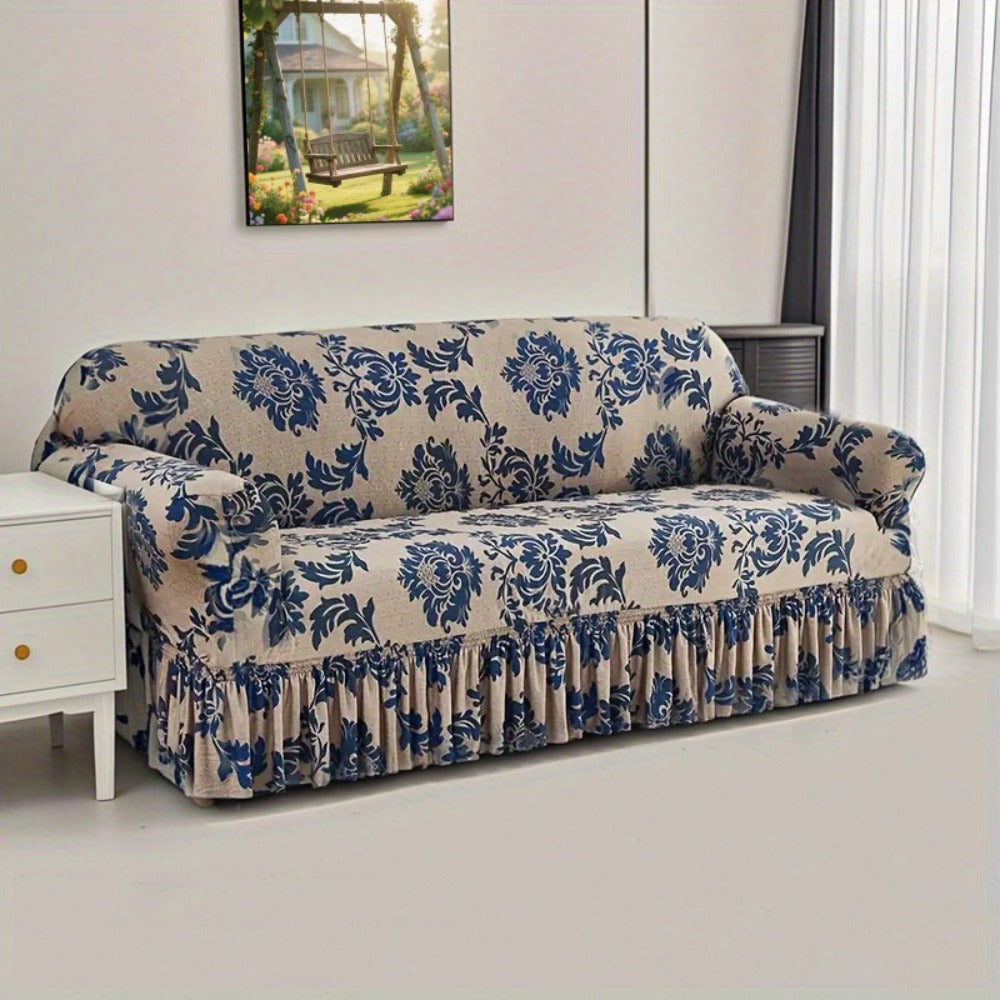 Stretch Sofa Cover Slipcover High-Stretch Fabric Ruffle Skirt Non-Slip Rod All-Season Snug Fit for 1 2 3 4 Seater Couch — Dark Blue with Pillow Cover