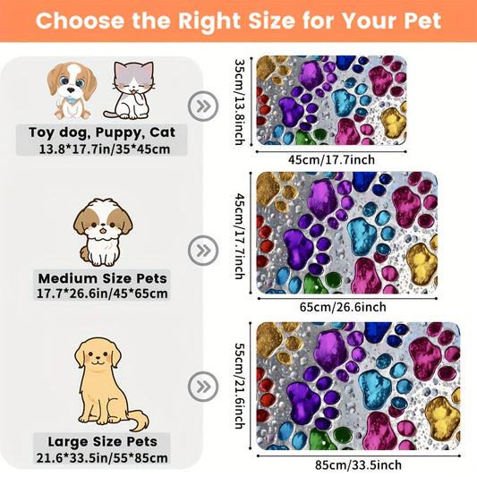 Pet Feeding Mat for Dog & Cat Bowls, Non-Slip Colorful Paw Print, S–XL