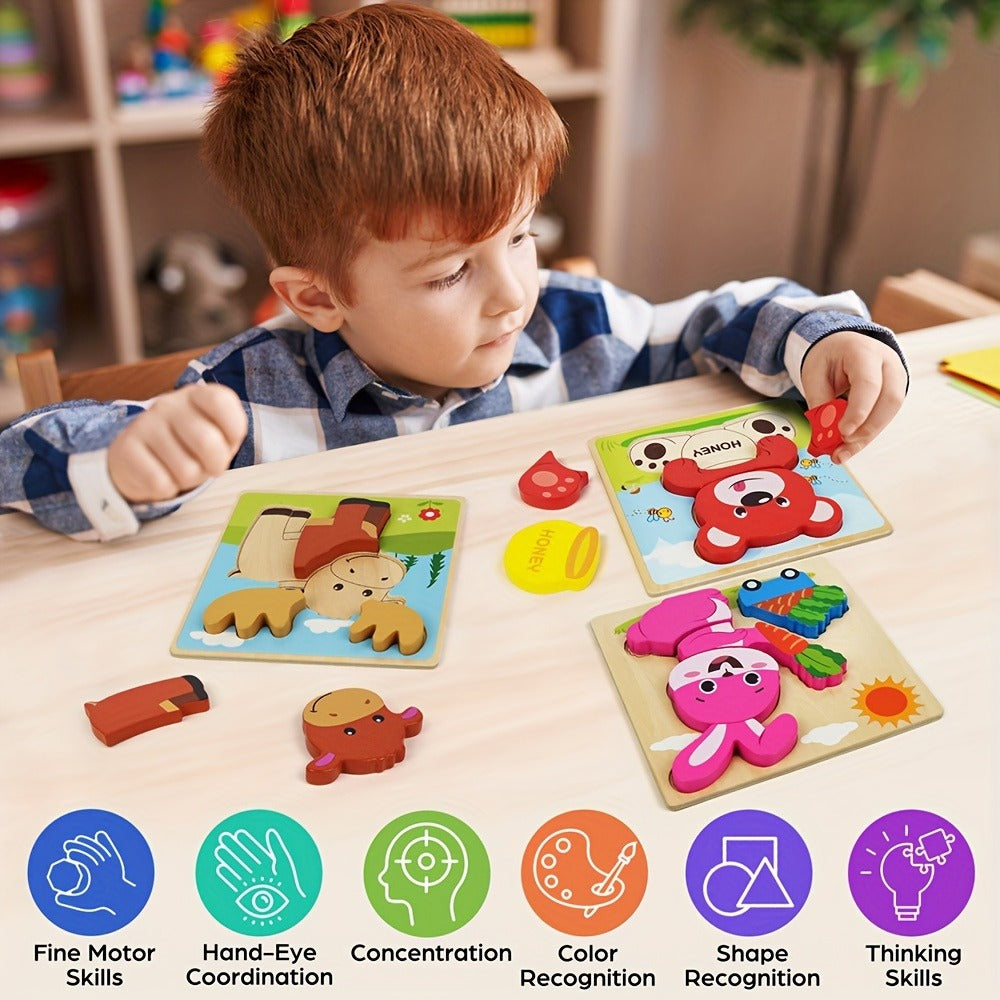 Wooden Animal Puzzles for Toddlers 12 Months+, 8-Pack with Bear, Bunny, Owl, Duck & More