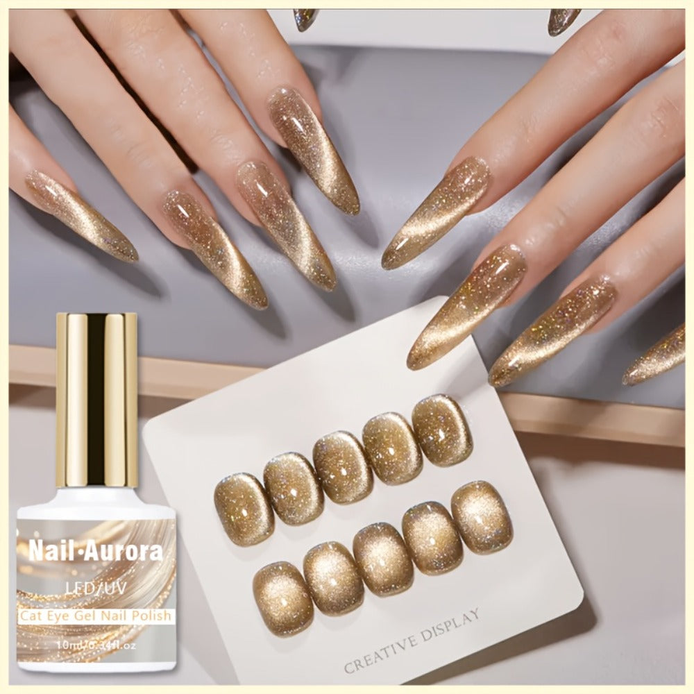Cat Eye Gel Polish Shooting Star Golden Glitter – Ultra-Bright Vivid Dazzling Light-Shifting Effect, Salon-Grade LED/UV Soak-Off High-Gloss Nail Art Gel for Women Home & Salon Manicure