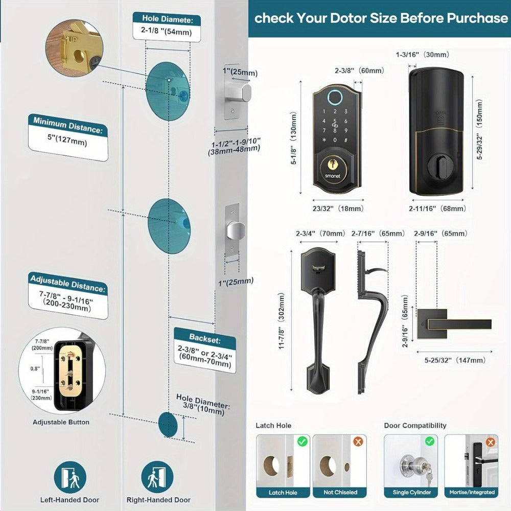 SMONET Smart Deadbolt Lock Set with Handle - Fingerprint, Bluetooth App & Keypad, Auto-Lock, Keyless Entry for Home, Office, Airbnb & Hotel, Oil Rubbed Bronze, Black & Silver