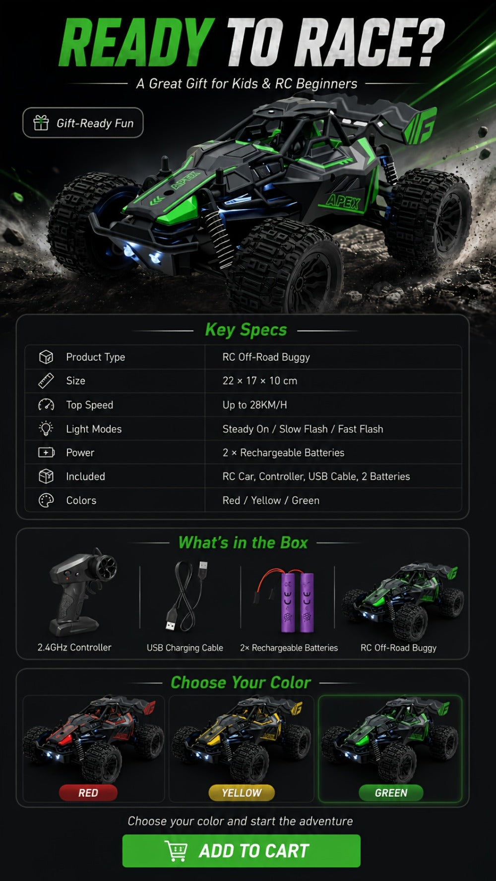 RC Monster Truck 1:20 Scale 4WD with LED Headlights, 2.4GHz All-Terrain Off-Road