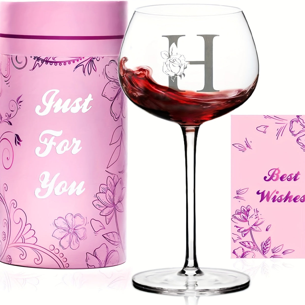 Personalized Wine Glass Gift for Women – A-Z Initial Letter Monogrammed Wine Glass with Gift Box & Greeting Card – Unique Birthday, Christmas & Mother's Day Gift for Mom, Best Friend & Sister