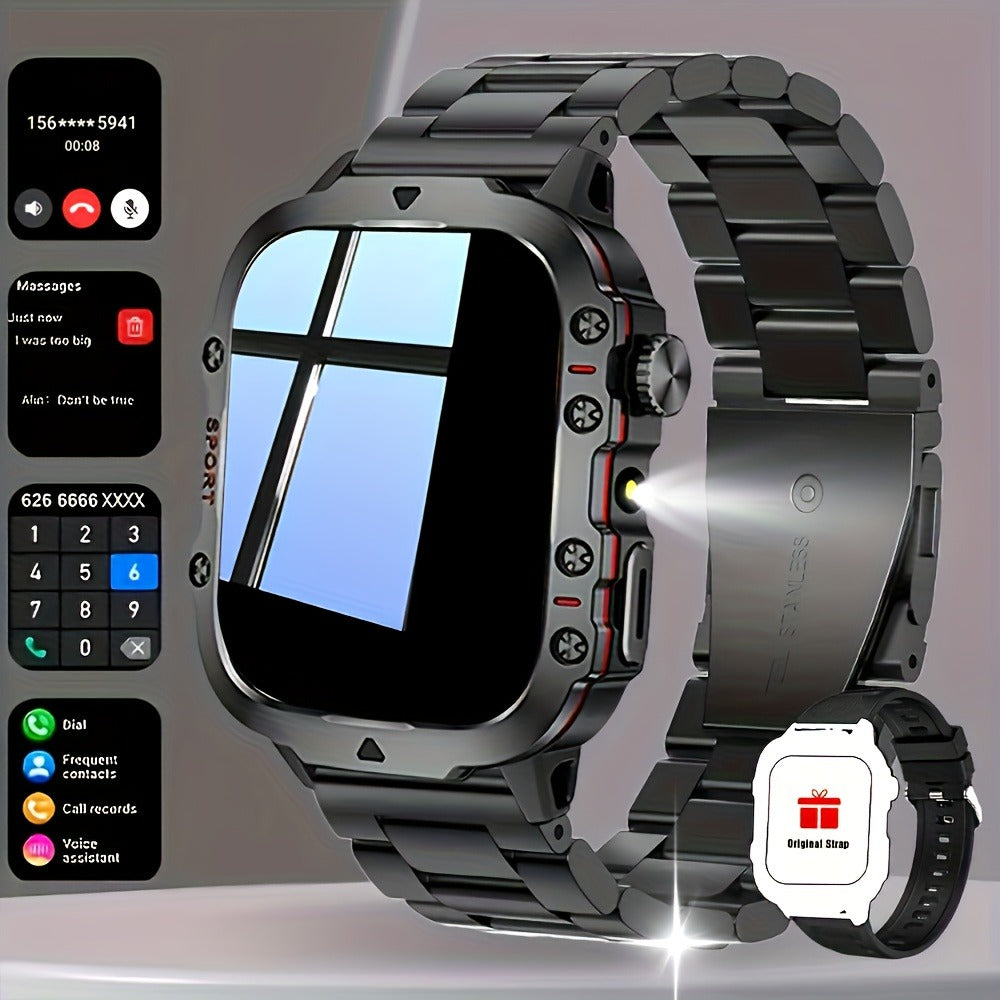 Men's Outdoor Smartwatch 4.6" HD Touch Screen with Wireless Calling & LED Display, USB Charging, Multiple Sport Modes, Heart Rate Activity Tracker, Compatible with iPhone & Android – Black Gold Gift Watch for Men