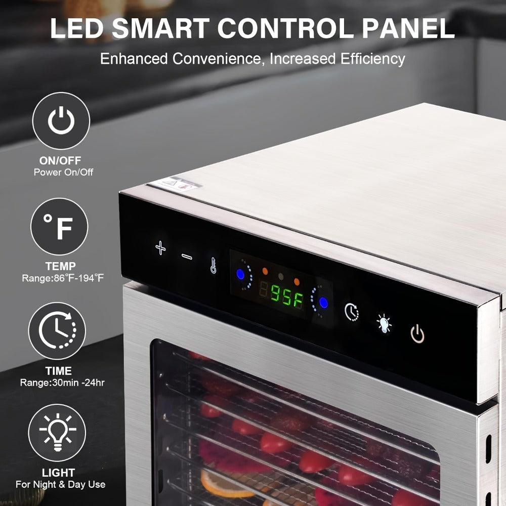 Food Dehydrator 12 Stainless Steel Trays 800W 24H Digital Timer 86-194°F Temperature Control 360° Hot Air Circulation for Jerky Fruit Herbs Vegetables with Recipe Book