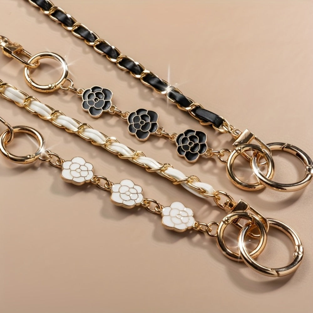 Crossbody Phone Strap Long Chain Pearl Camellia Metal Charm Elegant Lanyard for Women Girls – Clip-On Universal Fit iPhone Samsung Black White 2-5pcs Gift Set
