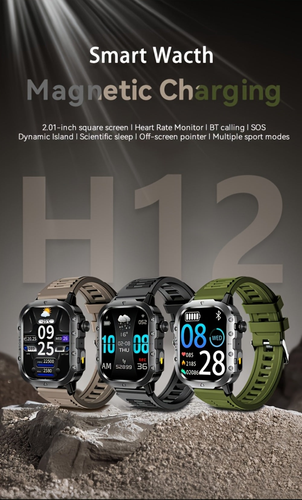 Illumination Light Smartwatch K33 Khaki – Full Touch, 100+ Sport Modes, Wireless Calling, Music Playback, Remote Camera, Weather Forecast, Alarm & Custom Watch Faces – Unisex Silicone Strap
