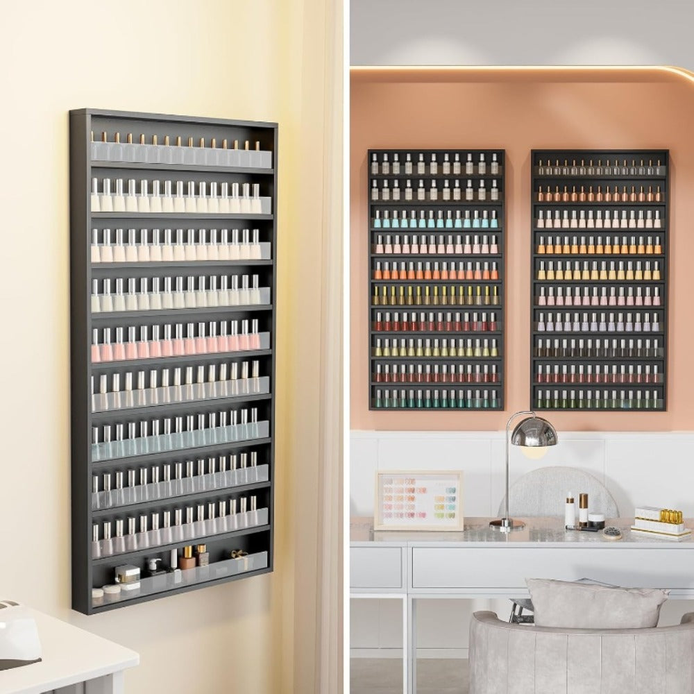 Wall Mount Nail Polish Rack Organizer 6 or 10 Tier with Acrylic Baffle Salon Display Shelf for Gel Polish Storage Nail Studio Home Spa Vanity Black White Pink