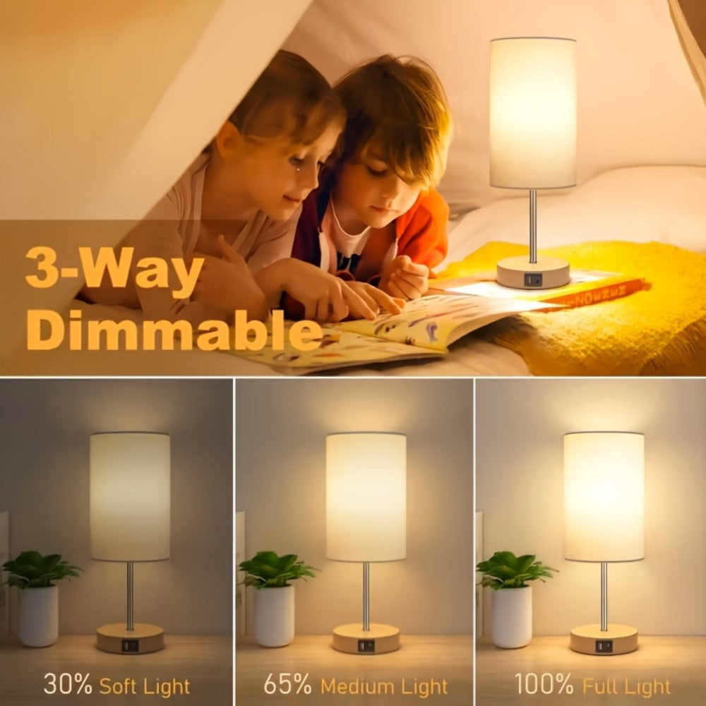 Bedside Table Lamp with USB-C Charging Port – 3-Way Dimmable Touch Lamp, Wood Base Round Burlap Shade, Small Nightstand Desk Light with AC Outlet & A19 LED Bulb Included for Bedroom Living Room Office