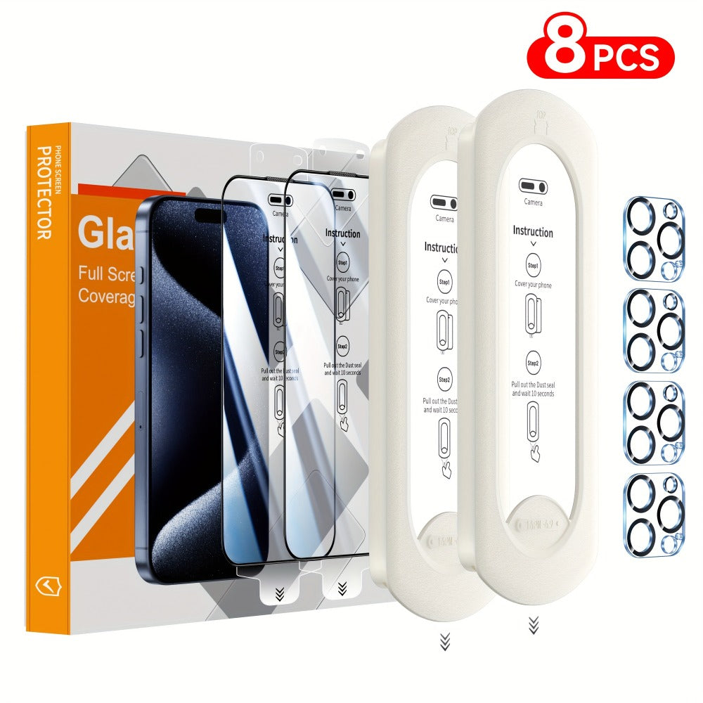 9H Tempered Glass Screen Protector for iPhone 8-Pack with Alignment Tool – 4 Screen + 4 Camera Lens, HD Clear, Bubble-Free, Case Compatible, iPhone 16 Pro Max / 15 / 14 / 13 / 12 / 11 Series