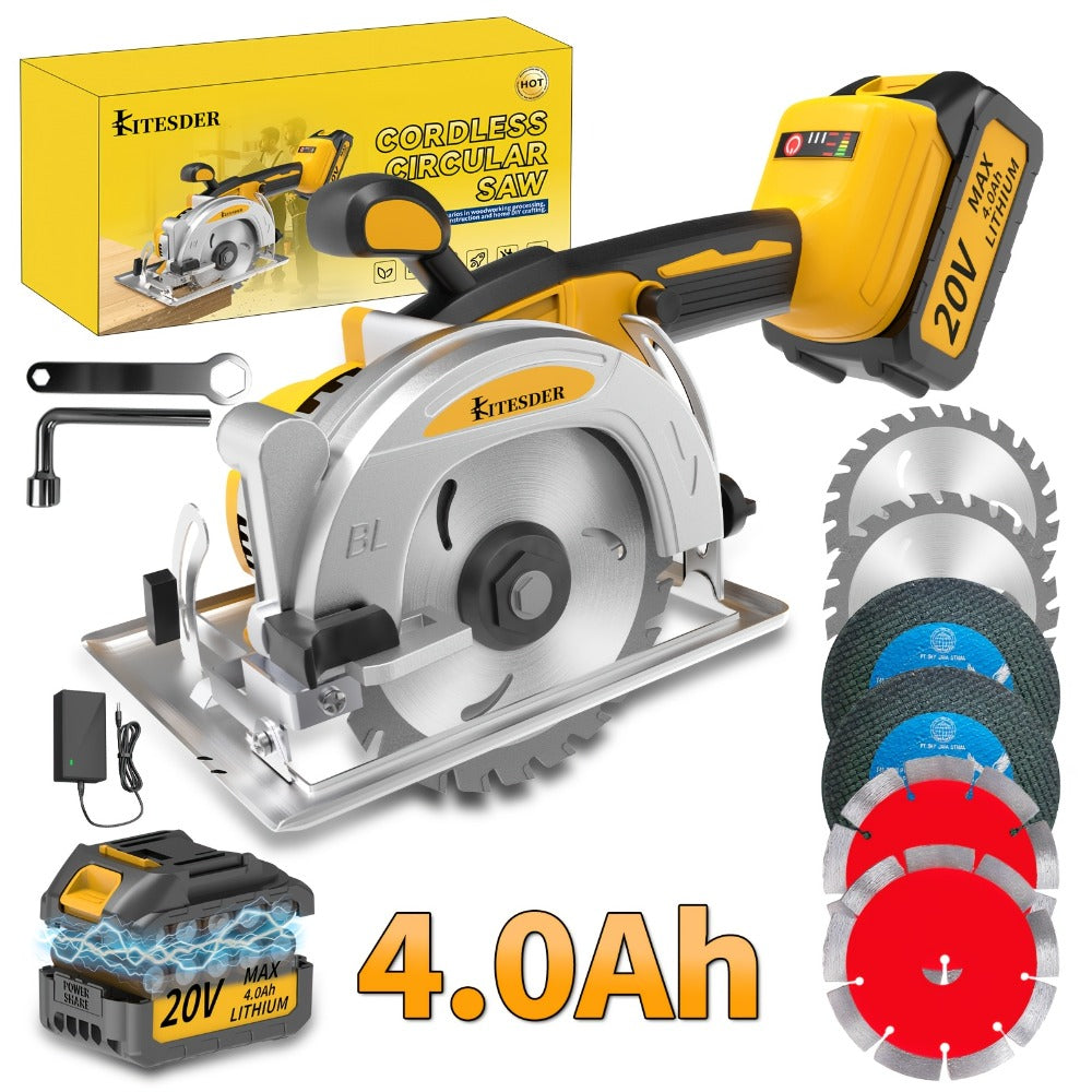 Brushless Circular Saw 5-Inch Kit 6900RPM with Battery & Charger – 45° Bevel Cut, Up to 6 Saw Blades, 2.0AH / 4.0AH Battery Options, Cordless Woodworking Saw for Wood Cutting, Garden & DIY Projects