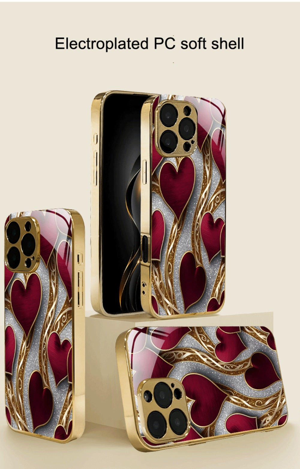 Golden Heart Phone Case Luxury Aesthetic Slim Fit iPhone 17 16 15 14 13 12 11 Pro Max Plus XS XR Samsung Galaxy S25 S24 S23 S22 A-Series Cute Girly Gift Cover Red Gold Design