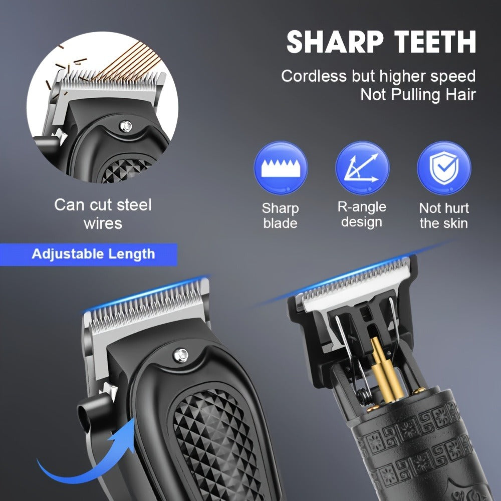Men's Grooming Kit Hair Clipper Set USB Rechargeable LCD Display - Professional Clipper Razor T-Blade Trimmer 8 Guide Combs & Apron Complete Home Barber Kit Gold Black Gift for Men