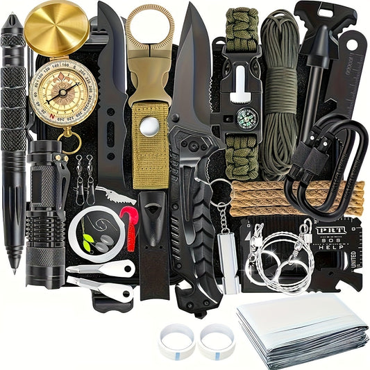 Survival Kit 37-in-1 Emergency Gear Set with Magnesium Fire Starter Flint Stone Safety Hammer Outdoor Survival Equipment for Camping Hiking Backpacking Emergency Preparedness Gift for Men Black